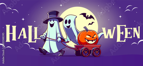 Happy halloween banner template. Halloween promotion poster designs with ghost. Halloween party greeting card. Funny halloween card. Halloween night seen. Halloween design illustration. Invitation