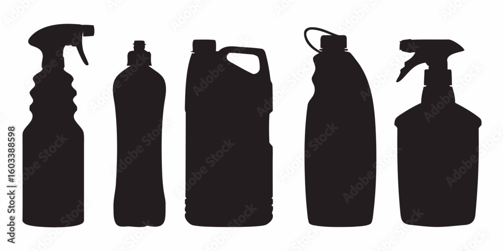 Fototapeta premium Silhouette of Cleaning Bottles: A minimalist silhouette of various cleaning product bottles against a blank backdrop, perfect for illustrating cleaning tasks and household hygiene.