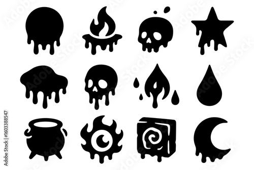 Set of dripping silhouette icons featuring skulls, stars, flames, drops, and cauldron