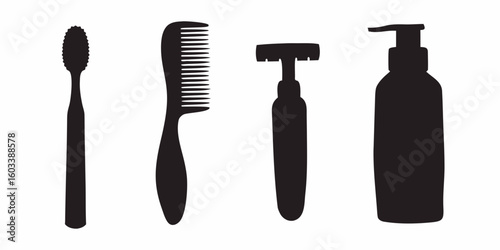Silhouette Self-Care Essentials: A collection of everyday self-care items, rendered in a minimalist silhouette, represents personal grooming and hygiene.