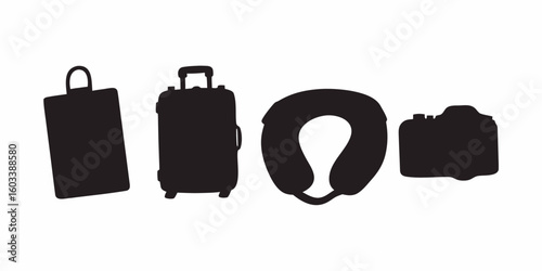 Travel Essentials Silhouette: A minimalistic, striking black and white illustration of travel essentials arranged in a row, evoking a sense of anticipation and adventure. 