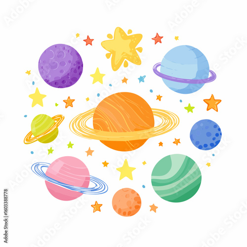 Funky crayon drawn planets, asteroids, stars and constellations. Doodle outer space childish icons set.