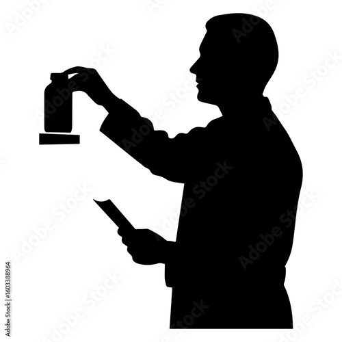 Black silhouette of pharmacist holding medicine bottle and prescription in hand. Pharmacist checks medicine with careful attention to details. Concept of pharmacy, healthcare,