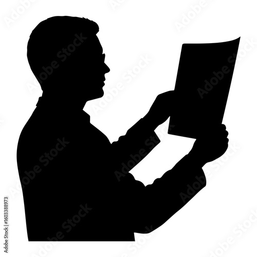 Black silhouette of a radiologist holding an X-ray film while examining results with keen focus. The professional radiologist analyzes the film closely, showcasing expertise in medical imaging.
