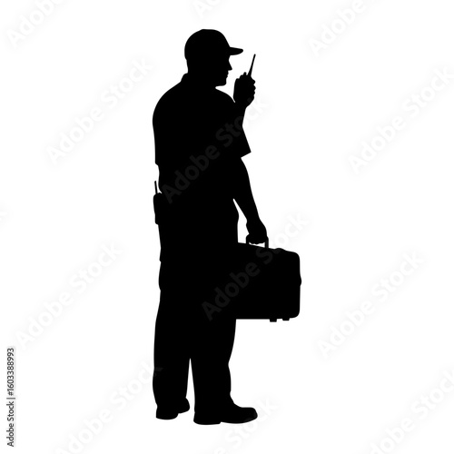 Black silhouette of paramedic with medical bag holding radio device. Paramedic stands tall demonstrating readiness with equipment in hand.