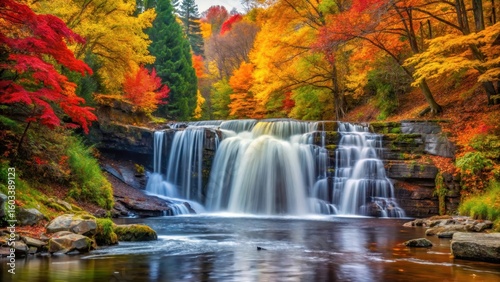 waterfall amidst autumn foliage, with leaves changing colors, riverside, fall season