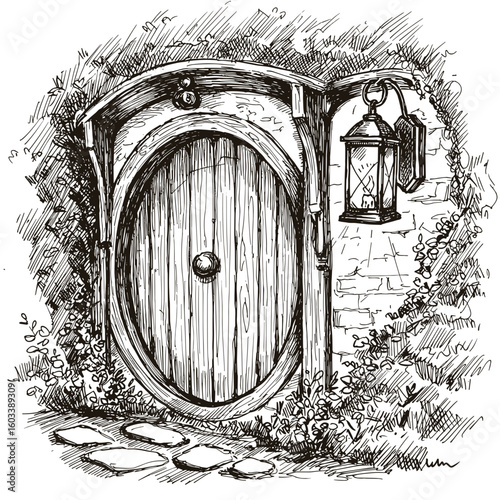 Hobbit Door with Lantern, Greenery, Path. Sketch, fantasy, cozy home, Hobbit Day concept. For fantasy blogs, book themes, themed events