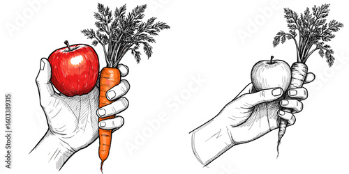 Hands holding apple and carrot. Minimalist sketch, healthy eating, World Vegetarian Day. For nutrition blogs, healthy lifestyle materials
