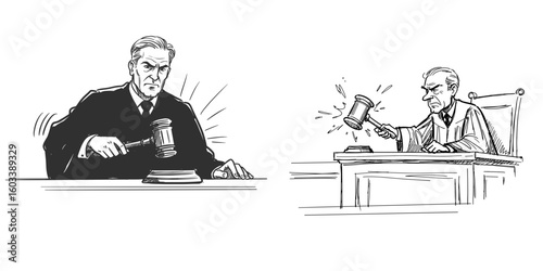 Judge slamming gavel at court session. Monochrome sketch, justice, legal decision. For lawyers, news portals, legal consultations