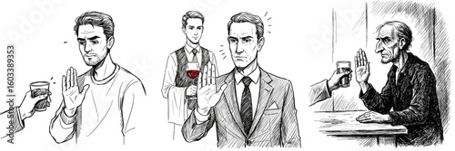 Man rejecting alcohol in social settings. Sketch, sobriety concept, World Day of Temperance. For social campaigns, public awareness