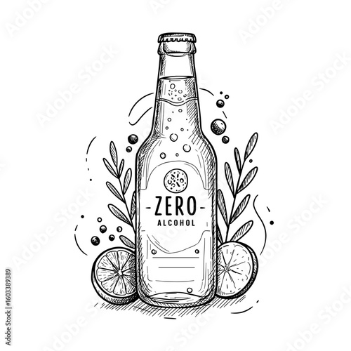 Zero Alcohol Beverage Bottle with Citrus and Foliage. Hand-drawn sketch, healthy lifestyle concept, World Day of Temperance. For wellness blogs, promotions, prevention