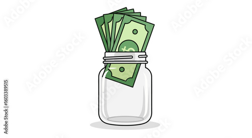 Glass Money Jar with Stack of Green Bills