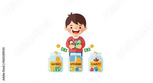 Happy Boy Distributing Money into Savings, Spending, and Charity Jars