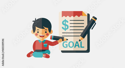 Happy cartoon boy sitting cross-legged, holding a pencil next to a document with 'GOAL' and dollar sign, flat design.