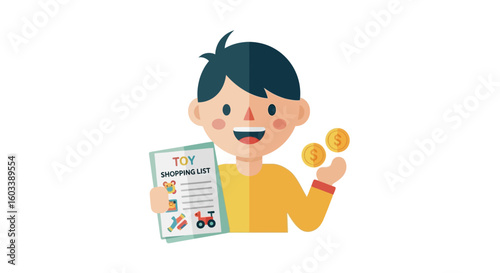 Happy cartoon boy with dark hair holding a toy shopping list and gold dollar coins.