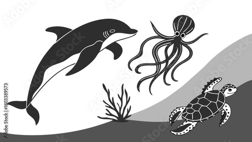 Underwater scene featuring a dolphin octopus turtle and seaweed in a grayscale illustration style
