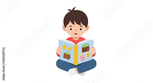 A young cartoon boy sitting cross-legged while reading a book about financial literacy, showing a curious expression.