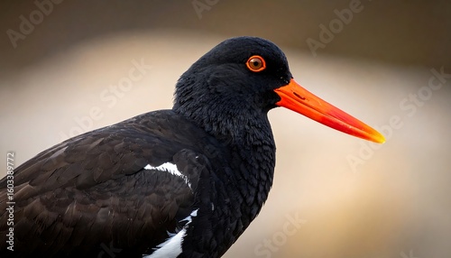 Close-up of a black and white bird with an orange beak