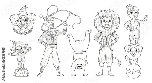 Drawing to paint circus coloring page with clown, lion, bear, dog, trainer, and acrobat for kids and adults to color in vector