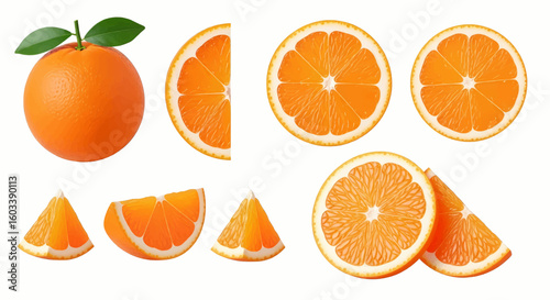 Collection of vibrant orange fruit illustrations, including whole, sliced, and wedge pieces for fresh food concepts