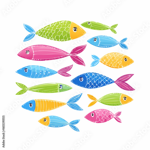 Colorful funky crayon drawn decorative sardines. Cartoon stickers of fish. 