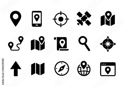 Navigation, location pin, map, GPS, compass, route, search, globe black icon set isolated on white.