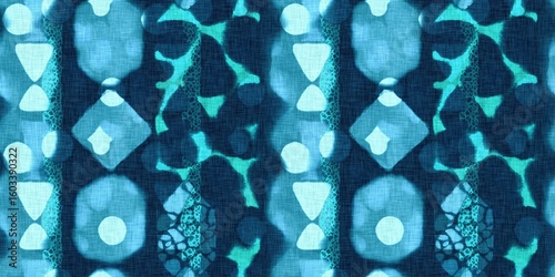 Abstract indigo blue batik dye seamless pattern, Organic bleed effect dyed wash background.