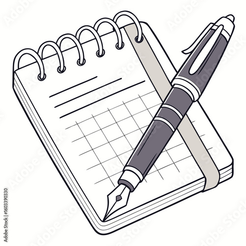 A notebook and pen isolated on white background are ready for jotting down ideas, notes, or sketches
