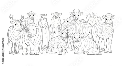 Drawing to paint cattle coloring page for kids and adults, farm animals coloring book, cow outline drawing, printable art 100 vector