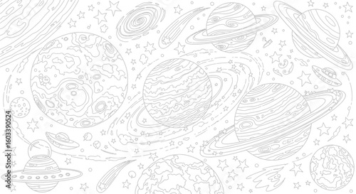 Drawing to paint galaxy coloring page for kids and adults featuring planets stars comets and ufo outer space themed design vector