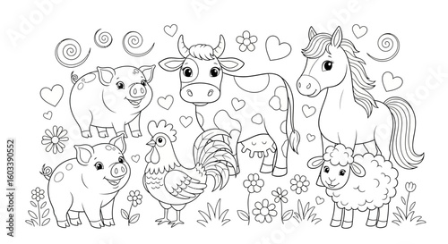 Drawing to paint farm animals coloring page printable for kids activity sheet with cow pig horse sheep rooster fun vector