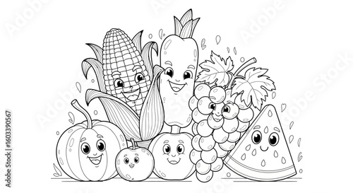 Drawing to paint cute cartoon fruits and vegetables coloring page for kids and adults to print and color at home free vector