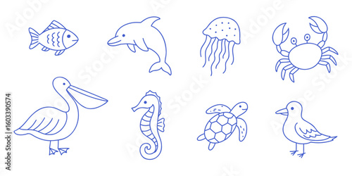 Set of 8 vector sea creatures and birds. Fish, dolphin, crab, turtle and etc. Blue line vector icons on white background