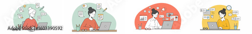 Four women working at desks in a cohesive office illustration