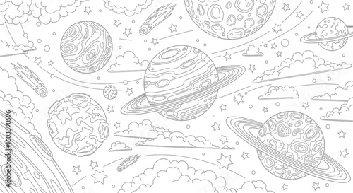 Drawing to paint coloring page of galaxy with planets stars comets and clouds for kids and adults to print and color vector