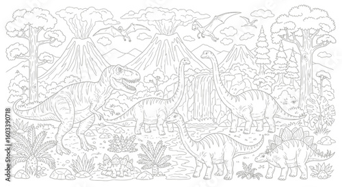 Drawing to paint dinosaur coloring page for kids and adults featuring t rex stegosaurus and long neck dinosaurs in jurassic park vector