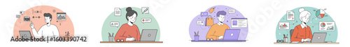 Multi-panel illustration of four distinct workspaces with people working on laptops in a soft pastel color palette