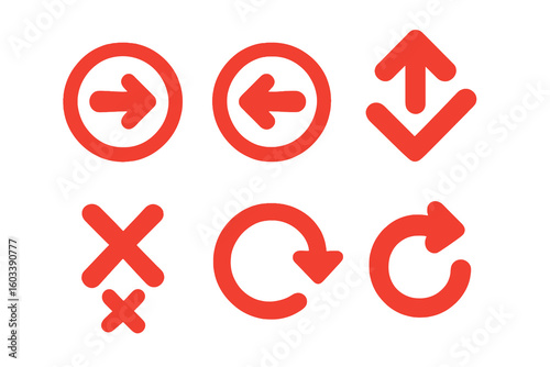 Red bold arrow icons: broken downward, spiral, cross, multi-directional, looping, and diagonal rounded. Solid style, no text, transparent background.