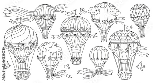 Drawing to paint detailed hot air balloons coloring page for adults and kids printable balloon illustration line art design vector