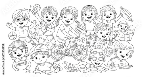 Drawing to paint coloring page of children playing sports like basketball soccer swimming cycling and beach activities for kids vector