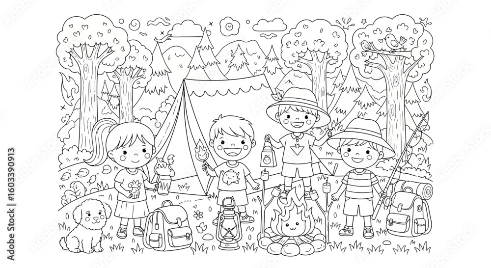 Obraz premium Drawing to paint camping coloring page for kids with tent campfire marshmallows and friends enjoying outdoor adventure activity vector
