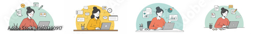 Illustration of a woman multitasking in four work scenarios with a laptop, pencil, clock, and speech bubble on a desk