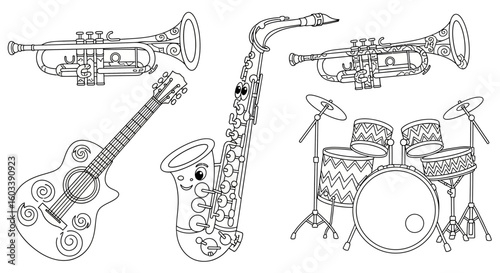 Drawing to paint musical instruments coloring page for kids trumpet saxophone guitar and drums printable activity sheet fun drawing vector