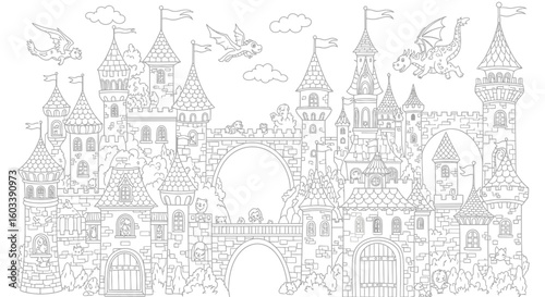 Drawing to paint coloring page of a fairytale castle with dragons and towers for kids and adults to print and color online vector