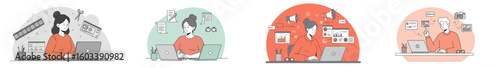 Four-panel illustration of a young woman working at a desk with different background colors
