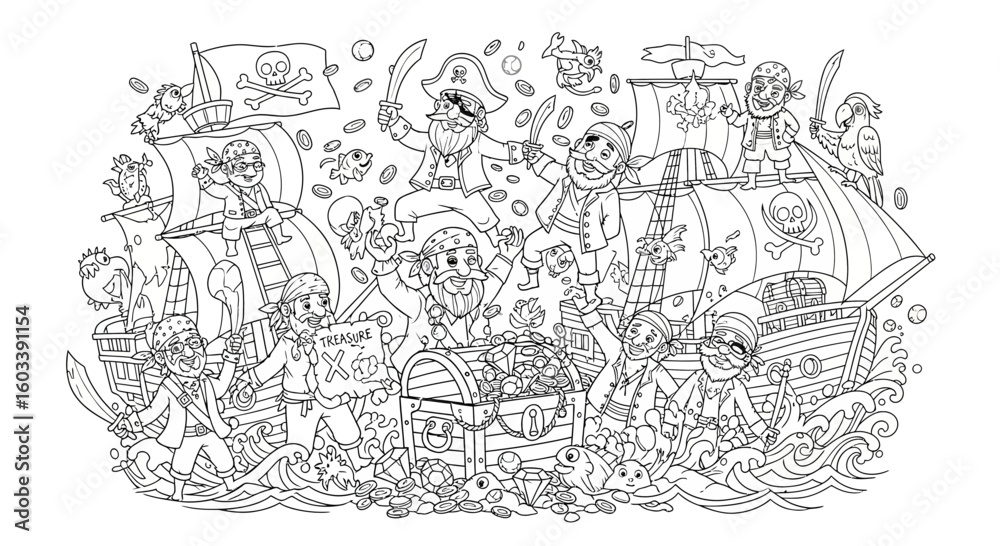 Fototapeta premium Drawing to paint pirate ship coloring page with treasure chest and pirates for kids and adults to print and color fun activity vector