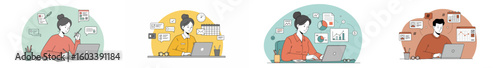 Multi-panel illustration of four female professionals working in a bright office setting with semi-circular arches