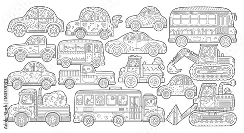Drawing to paint vehicles cars trucks coloring page for kids transportation themed activity sheet line art illustration vector