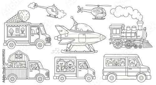 Drawing to paint coloring page of transportation vehicles including trucks helicopters train and spaceship for kids activity fun vector
