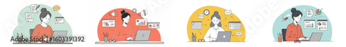 Four professional women working at desks in a segmented office illustration